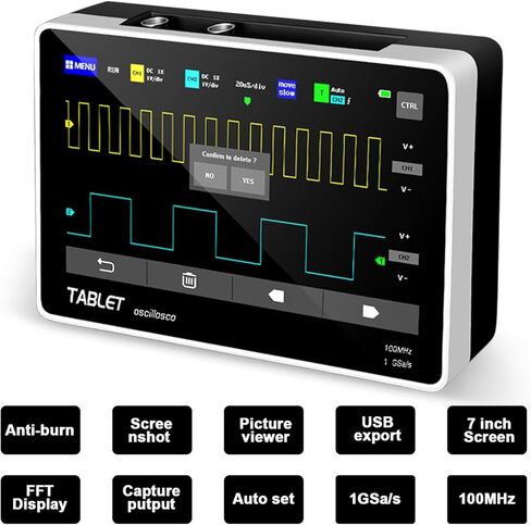 راسم الذبذبات الرقمي للكمبيوتر اللوحي 100 ميجا هرتز عرض النطاق الترددي، مجموعة راسم الذبذبات الرقمية المحمولة للتخزين 2 قناة، معدل أخذ العينات 1GSa/s، شاشة لمس TFT LCD مقاس 7 بوصات in Kuwait