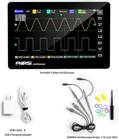 راسم الذبذبات الرقمي للكمبيوتر اللوحي 100 ميجا هرتز عرض النطاق الترددي، مجموعة راسم الذبذبات الرقمية المحمولة للتخزين 2 قناة، معدل أخذ العينات 1GSa/s، شاشة لمس TFT LCD مقاس 7 بوصات in Kuwait