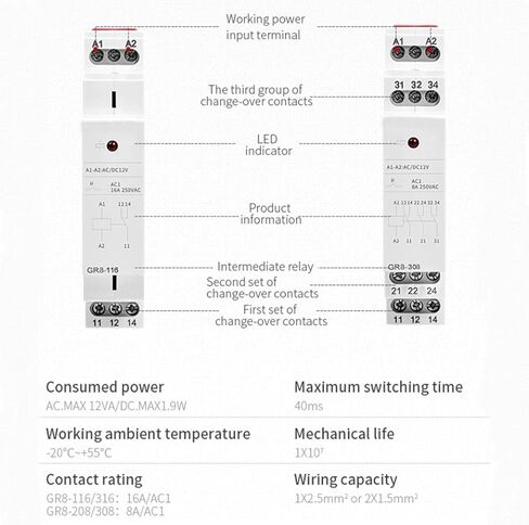 Intermediate Relay Auxiliary Relay 8A 2SPDT Din Rail Switch Relay(GR8-208,AC/DC 24V) in Saudi Arabia