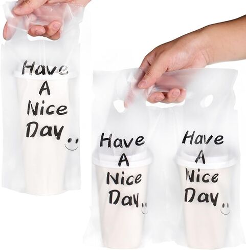 400pcs Drink Carrier for Delivery,Plastic Drink Packaging Bags 2 Cups Holder up to 28oz for Delivery,Take Out/Drink Cups/Beverage/Coffee/Tea/Juice in Saudi Arabia