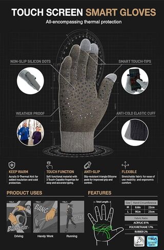TSLA 2 حزمة من قفازات الشتاء للرجال والنساء التي تعمل باللمس، قفازات منسوجة حرارية مضادة للانزلاق، قفازات الجري في الطقس البارد in Kuwait