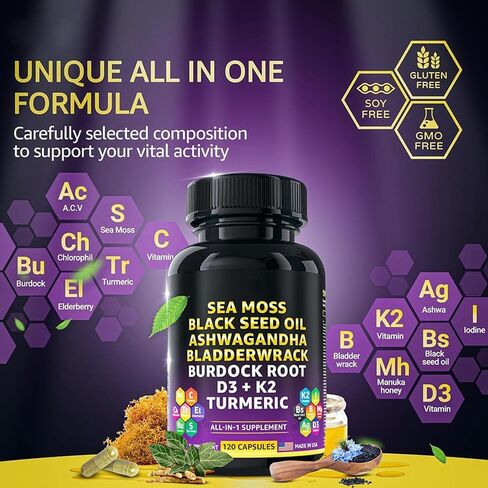 Dandy Decor من Ko & Co Sea Moss 3000mg زيت الحبة السوداء 2000mg Ashwagandha 1000mg الكركم 1000mg Bladderwrack 1000mg الأرقطيون 1000mg وفيتامين C وD3 in Kuwait