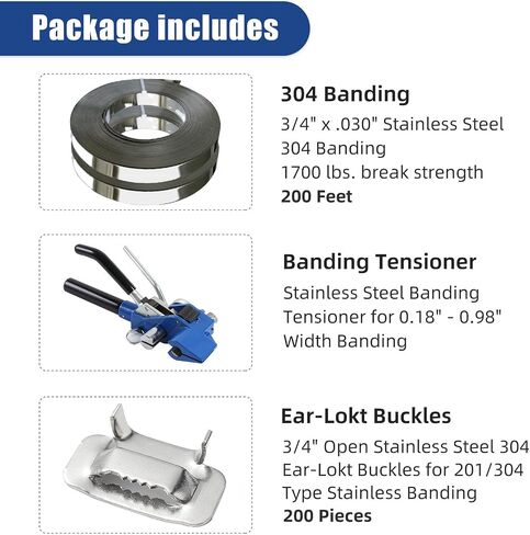 Stainless Steel Packaging Strapping Banding Tensioner Kit, 3/4" x 200 Feet Stainless Steel 304 Banding Coil, 200 Pieces Ear-Lokt Buckles. Complete Packaging Strapping Solution in Saudi Arabia