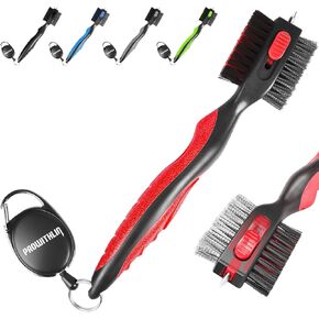 prowithlin Golf Club Brush and Golf Club Groove Cleaner 2 in 1, 2ft Retractable Zip-line Metal Buckle and Retractable Sharp Pick Oversized Brush Head Wire Bristles (Black and Gray Upgraded)