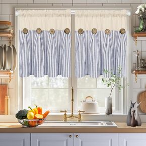 ASPMIZ Cotton Linen Farmhouse Kitchen Curtains, Boho Rustic Button Tier Curtains 36 Inch Lenth, Blue Stripe Short Rod Pocket Curtains for Small Window, Half Window Curtains for Kitchen, 2 Panels