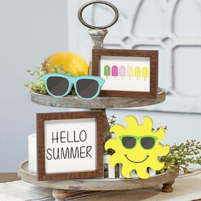 Summer Decorations Wooden Tiered Tray Decor, Hello Summer Sun Sunglasses Wooden Signs Table Decor for Farmhouse Party Decorations Home Kitchen