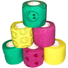 2 Inch Self Adhesive Medical Bandage Wrap Sport Tape (Purple, Yellow, Black Smiles on Yellow, Pink, Green) (6 Rolls) Strong Elastic Self Adherent Flex Rolls for Wrist Ankle Knee Sprains Swelling