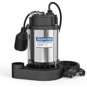 AQUASTRONG 1/2 HP Sump Pump Submersible, 3830 GPH Stainless Steel and Cast Iron Basement Water Pump, Automatic Integrated Vertical Float Switch with Piggy-back Plug,1-1/2" NPT Discharge Subpumps