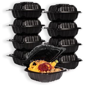 Mineral Filled Polypropylene Plastic Hinged Take Out Food Containers, 6x6x3, Vented Single Compartment, Black, 50 Pack