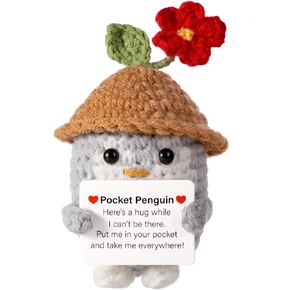 Funny Positive Penguin, 3.94 Inch Cute Knitted Penguin Toy with Card Positive Life Potato Creative Crochet Positive Penguin Plush Doll Wearing Hat for Families Friends Encouragement Gift
