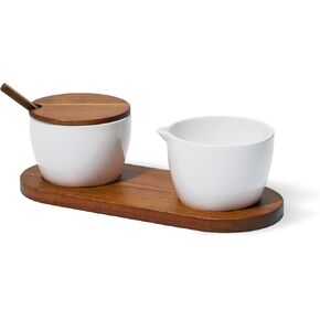 مجموعة Duets Sugar and Creamer | مجموعة مكونة من 3 قطع | وعاء سكر بورسلين مع غطاء وملعقة، طقم إبريق كريمر مع صينية تقديم من خشب السنط | أبيض | صممه جوش أوين in Kuwait