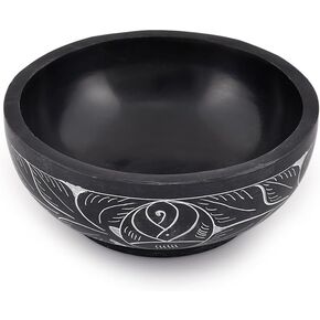 Kaizen Casa Hand Carved Natural Stone Bowl, Smudge Bowl, Stone Bowl, Smudge Pot, White Leaf Carved Design |Size_5" x 2" – Black | Ritual Bowl Display Bowl Jewelry Dish Kitchen Table Decor Gift.