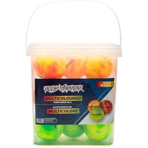 Road Warrior Street Hockey Balls - 15 Pack (Extreme Colours) | Carrying Bucket | Low Bounce | Outdoor Road Hockey | 65mm & 50 Gram Weight