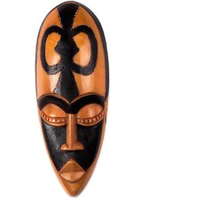 NOVICA Natural Brown and Black Wall Mounted Ghanaian Wood Mask, Beauty and Faith'