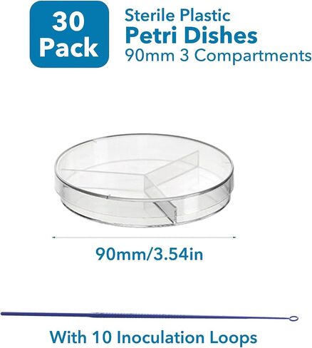 30 PCS 90mm 2 Compartments Plastic Petri Dish with Lids, Sterile with 10PCS 10uL Inoculation Loops in Saudi Arabia