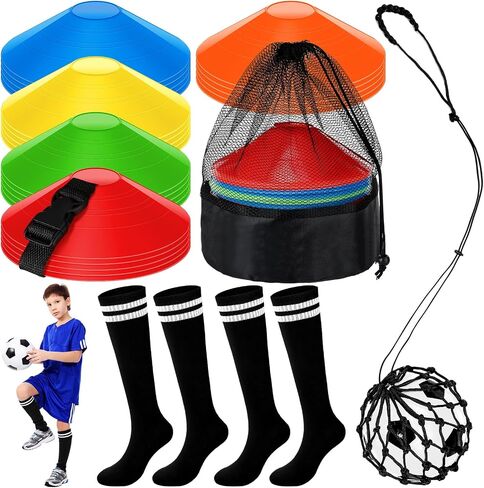 30 Pcs Kids Soccer Training Equipment Soccer Cones for Training with Mesh Bag and Strap 2 Pair Soccer Socks Soccer Net Football Solo Practice Training Aid for Skills Improvement Fit in Saudi Arabia