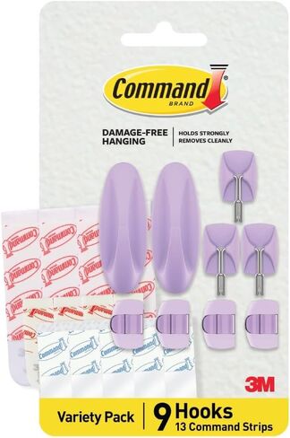 Command Mixed Hooks Pack, 9 Lavender Hooks, 13 strips (2 medium designer hooks, 4 medium indoor strips; 3 small wire hooks, 4 small indoor strips; 4 clear round cord clips, 5 small clear strips) in Saudi Arabia