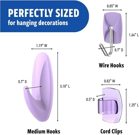 Command Mixed Hooks Pack, 9 Lavender Hooks, 13 strips (2 medium designer hooks, 4 medium indoor strips; 3 small wire hooks, 4 small indoor strips; 4 clear round cord clips, 5 small clear strips) in Saudi Arabia
