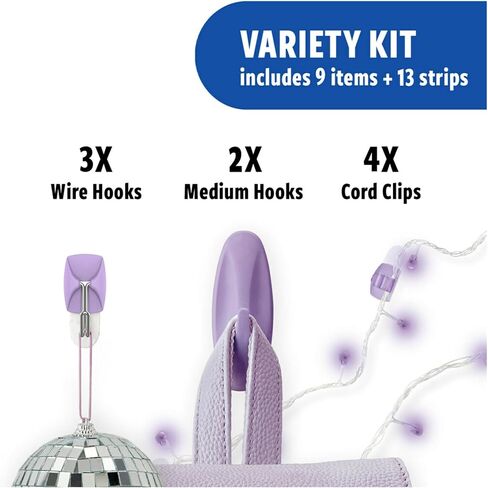 Command Mixed Hooks Pack, 9 Lavender Hooks, 13 strips (2 medium designer hooks, 4 medium indoor strips; 3 small wire hooks, 4 small indoor strips; 4 clear round cord clips, 5 small clear strips) in Saudi Arabia
