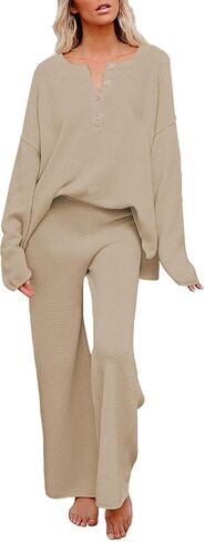 Women 2 Piece Outfits Sweatsuit V-Neck Long Sleeve Waffle Knit Sweater Wide Leg Pants Lounge Sets in Saudi Arabia