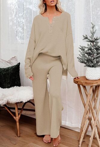 Women 2 Piece Outfits Sweatsuit V-Neck Long Sleeve Waffle Knit Sweater Wide Leg Pants Lounge Sets in Saudi Arabia
