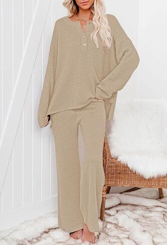 Women 2 Piece Outfits Sweatsuit V-Neck Long Sleeve Waffle Knit Sweater Wide Leg Pants Lounge Sets in Saudi Arabia