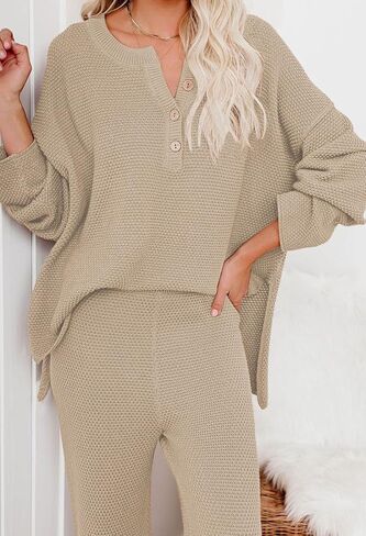 Women 2 Piece Outfits Sweatsuit V-Neck Long Sleeve Waffle Knit Sweater Wide Leg Pants Lounge Sets in Saudi Arabia