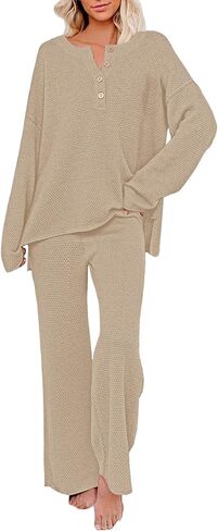 Women 2 Piece Outfits Sweatsuit V-Neck Long Sleeve Waffle Knit Sweater Wide Leg Pants Lounge Sets in Saudi Arabia
