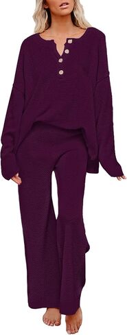 Women 2 Piece Outfits Sweatsuit V-Neck Long Sleeve Waffle Knit Sweater Wide Leg Pants Lounge Sets in Saudi Arabia