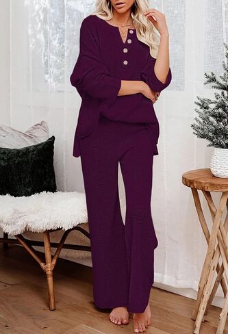 Women 2 Piece Outfits Sweatsuit V-Neck Long Sleeve Waffle Knit Sweater Wide Leg Pants Lounge Sets in Saudi Arabia