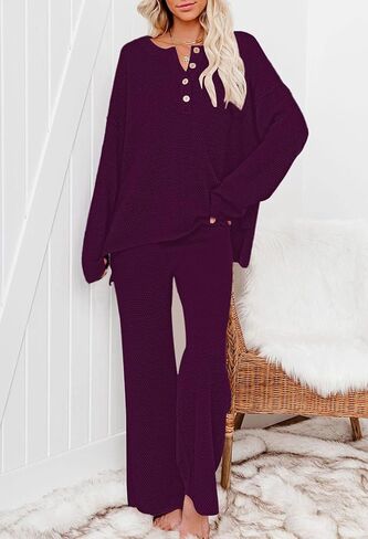 Women 2 Piece Outfits Sweatsuit V-Neck Long Sleeve Waffle Knit Sweater Wide Leg Pants Lounge Sets in Saudi Arabia