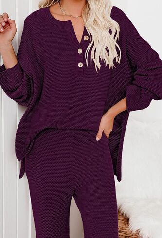 Women 2 Piece Outfits Sweatsuit V-Neck Long Sleeve Waffle Knit Sweater Wide Leg Pants Lounge Sets in Saudi Arabia