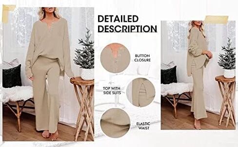 Women 2 Piece Outfits Sweatsuit V-Neck Long Sleeve Waffle Knit Sweater Wide Leg Pants Lounge Sets in Saudi Arabia