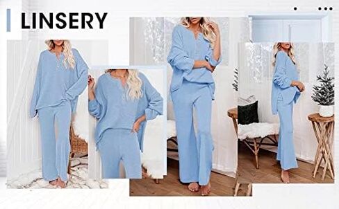 Women 2 Piece Outfits Sweatsuit V-Neck Long Sleeve Waffle Knit Sweater Wide Leg Pants Lounge Sets in Saudi Arabia