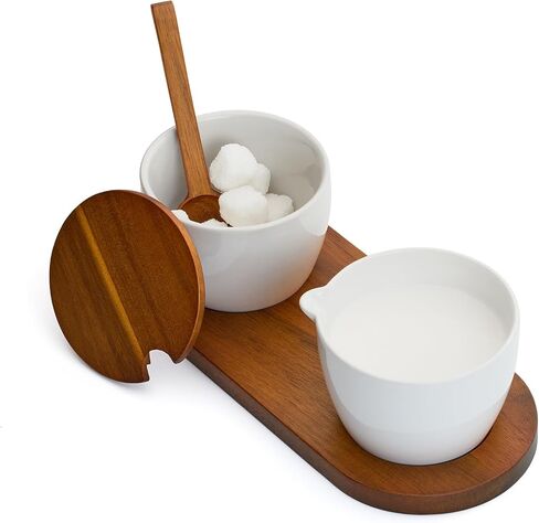 مجموعة Duets Sugar and Creamer | مجموعة مكونة من 3 قطع | وعاء سكر بورسلين مع غطاء وملعقة، طقم إبريق كريمر مع صينية تقديم من خشب السنط | أبيض | صممه جوش أوين in Saudi Arabia