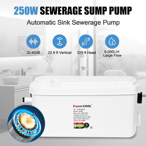 Sink Sewerage Pump, 250W Sewerage Sump Pump Upflush to 22.9ft/7 m with 3 Water Inlets for Basement, Kitchen, Sink, Shower, Bathtub, Laundry, RV Sewage Treatment Pump in Saudi Arabia