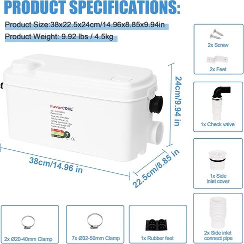 Sink Sewerage Pump, 250W Sewerage Sump Pump Upflush to 22.9ft/7 m with 3 Water Inlets for Basement, Kitchen, Sink, Shower, Bathtub, Laundry, RV Sewage Treatment Pump in Saudi Arabia