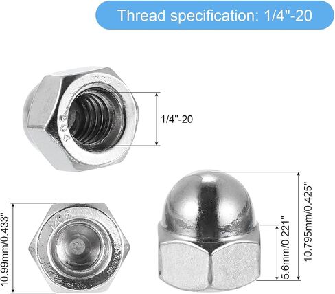 uxcell 1/4"-20 Acorn Cap Nuts, 20Pcs 316 Stainless Steel Dome Cap Head Acorn Nut Hardware Nuts for Bolt Cover, Silvery in Saudi Arabia