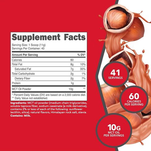 Ketologic MCT Oil Powder (1 LB) (Hazelnut Cream) - 40 Servings, Medium Chain Triglycerides Powder Supplement in Saudi Arabia