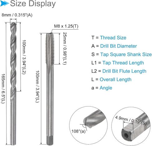 Tap and Drill Bit Set, M8 x 1.25 Thread 150mm Length Tap 8mm Drill Diameter, Metric Extra Long Machine Screw Tap & Twist Drill Kit - (Applications: for Threading Tapping), 1-Set in Saudi Arabia