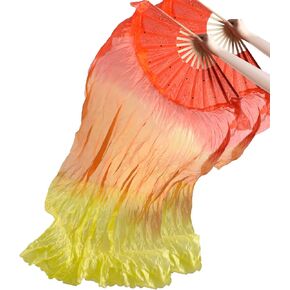 1 Pair Silk Belly Dance Fan, 1.5 Meters Belly Dance Silk Veil Fans Artificial Long Folding Silk Fans for Dancer Art Show Party (Left+Right)