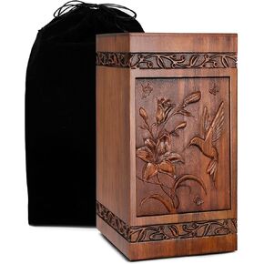 Handcrafted Wooden Cremation Urns for Human Ashes Hummingbird Memorials Funeral Decorative Urn for Adult Female Male Large Pet Dog Box Burial Casket Keepsake with Velvet Bag