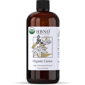 HBNO® California Bottled Organic Castor Oil 16 fl oz (475 ml) - USDA Certified Organic Hexane Free Castor Oil - Castor Oil Organic Cold Pressed Unrefined Glass Bottle for Eyelashes, Face, Hair & Skin