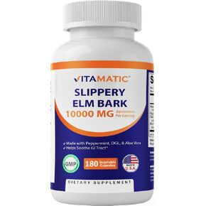 Vitamatic Slippery Elm Bark 20:1 Extract, 10000 mg Equivalent Strength Per Serving, Made with Peppemrint, DGL, & Aloe Vera - 180 Veg Capsules, and Concentrated 20X Potency