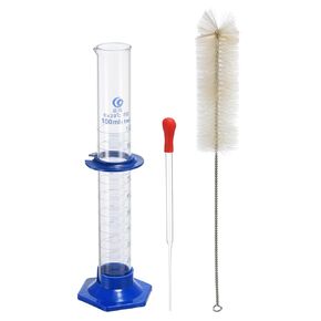 PATIKIL 100ml Graduated Cylinder, 3.3 Borosilicate Glass Measuring Cylinder Plastic Hex Base with Brush and Glass Dropper for Lab Experiment, Clear