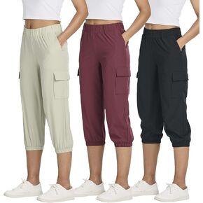 3 Pack:Women's Woven Cargo Capri Jogger Pants Tactical Hiking 5 Pockets Water Resistant Quick Dry Active Pockets Drawstring