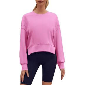 Fisoew Womens Crop Workout Sweatshirt Loose Long Sleeve Crew Neck Seamed Sport Gym Pullover Tops