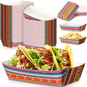 50 Pcs Mexican Food Trays Disposable Snack Candy Holder Tray Cinco De Mayo Stripes Popcorn Nacho Tray Fiesta Food Holder for Mexican Festival Baby Shower Birthday Party Decoration Supplies