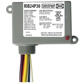 Functional Devices/Rib Enclosed Pre-Wired Relay, 30A@300Vac, Dpdt, RIB24P30