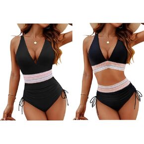 Blooming Jelly Women Tummy Control Swimsuits Color Block Slimming Bathing Suit Modest V Neck Swim Suits (L,Black)